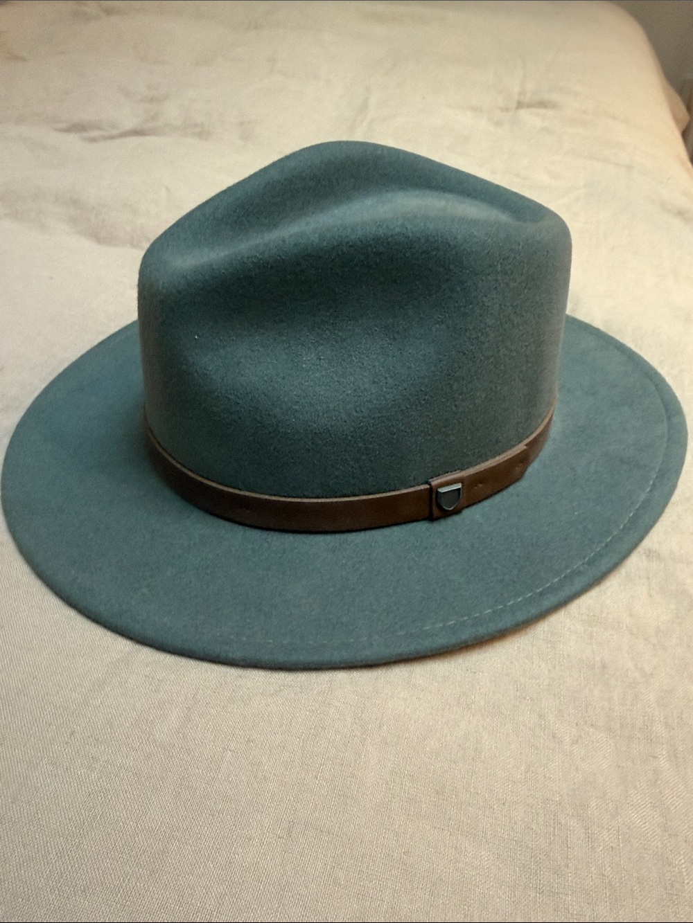 Brixton Teal Felt Fedora with Brown Leather Band